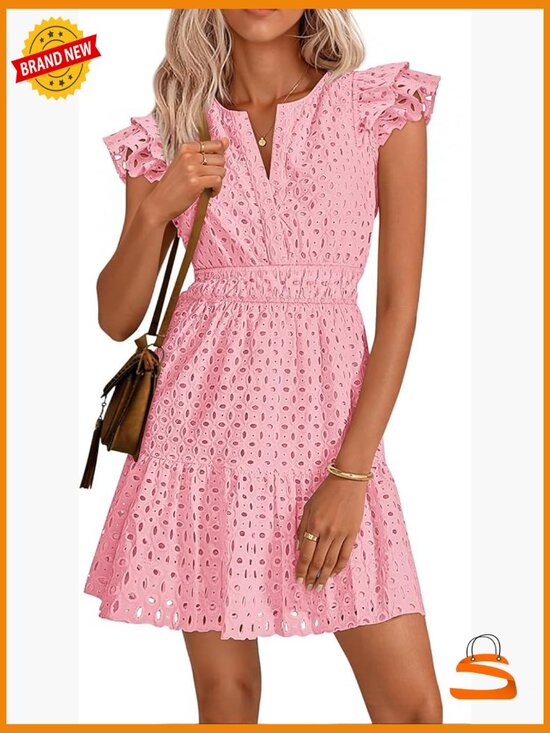 Dresses & Skirts - Women's Flutter Short Sleeve Mini Dress V Neck Eyelet A Line Swing Beach